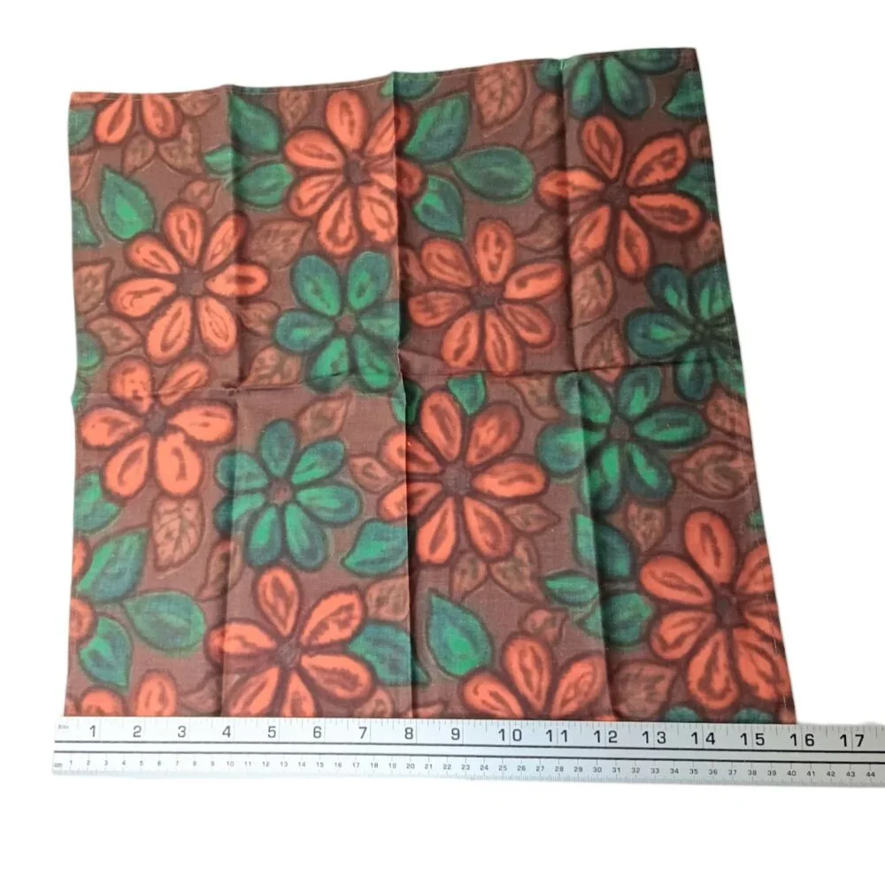 Vintage Mid Century Fabric Napkins Flowers Red Orange Brown Green Set Of 4